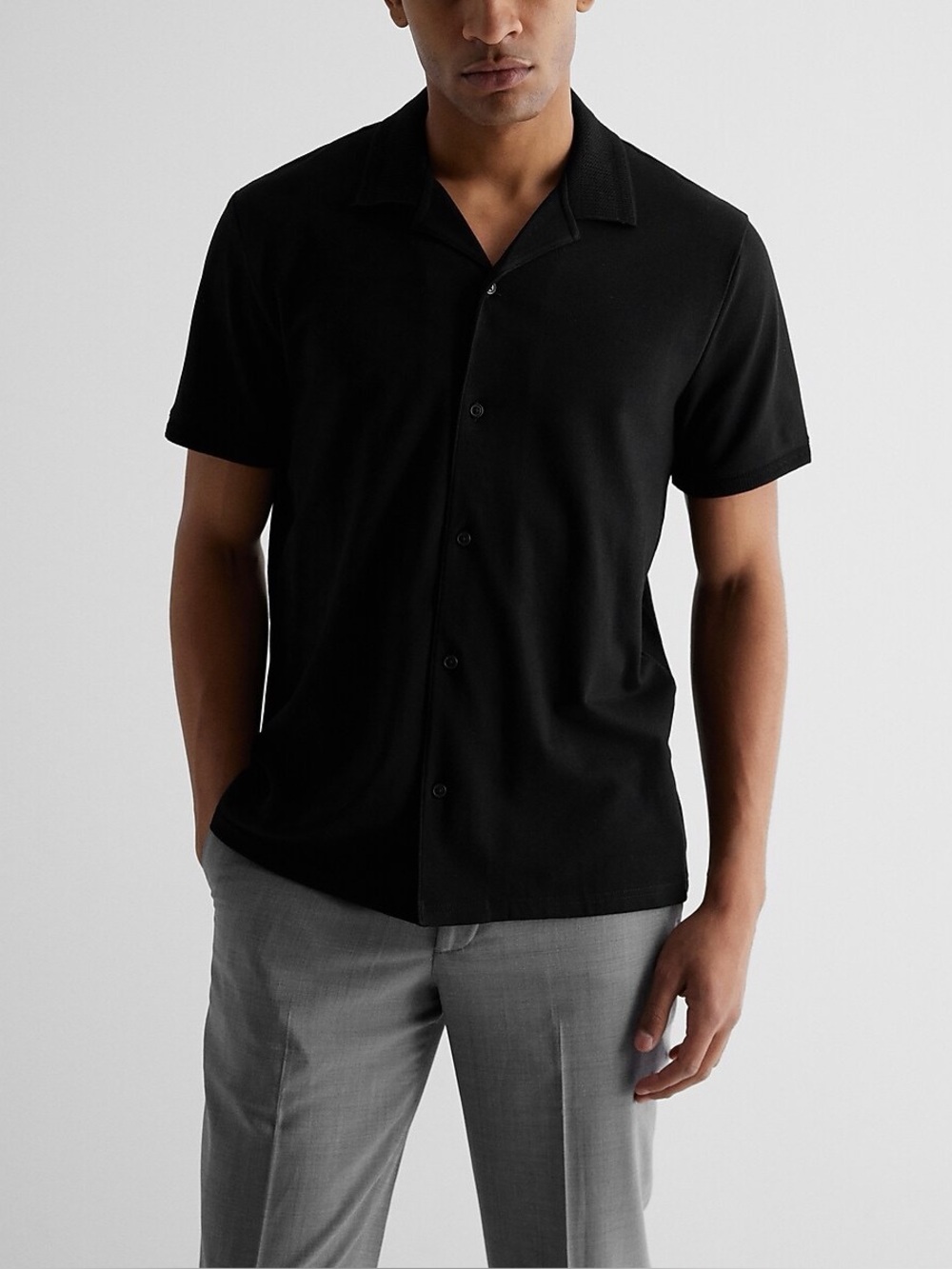 Express Solid Luxe Pique Button Down Polo Black Medium